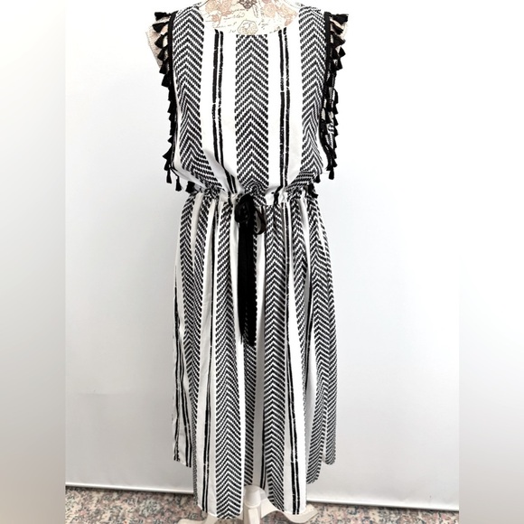 EVA FRANCO Navy & White Chevron stripe tassel trim drawstring waist dress size 6 - Picture 1 of 12